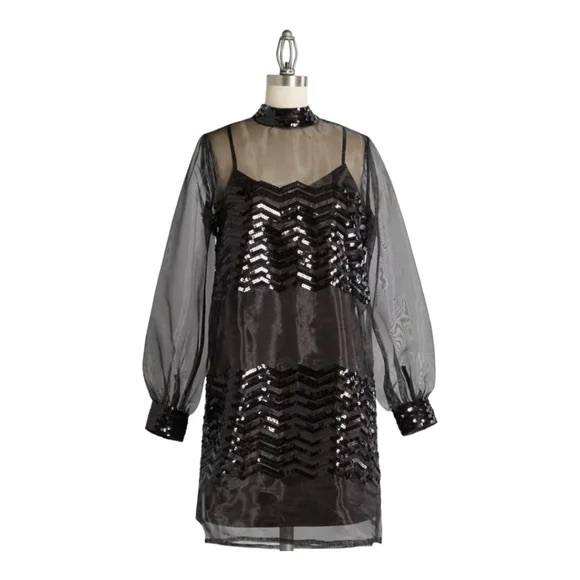 New ModCloth Fanciful Fette Black Sequins Shift Dress Size Medium - Picture 1 of 9